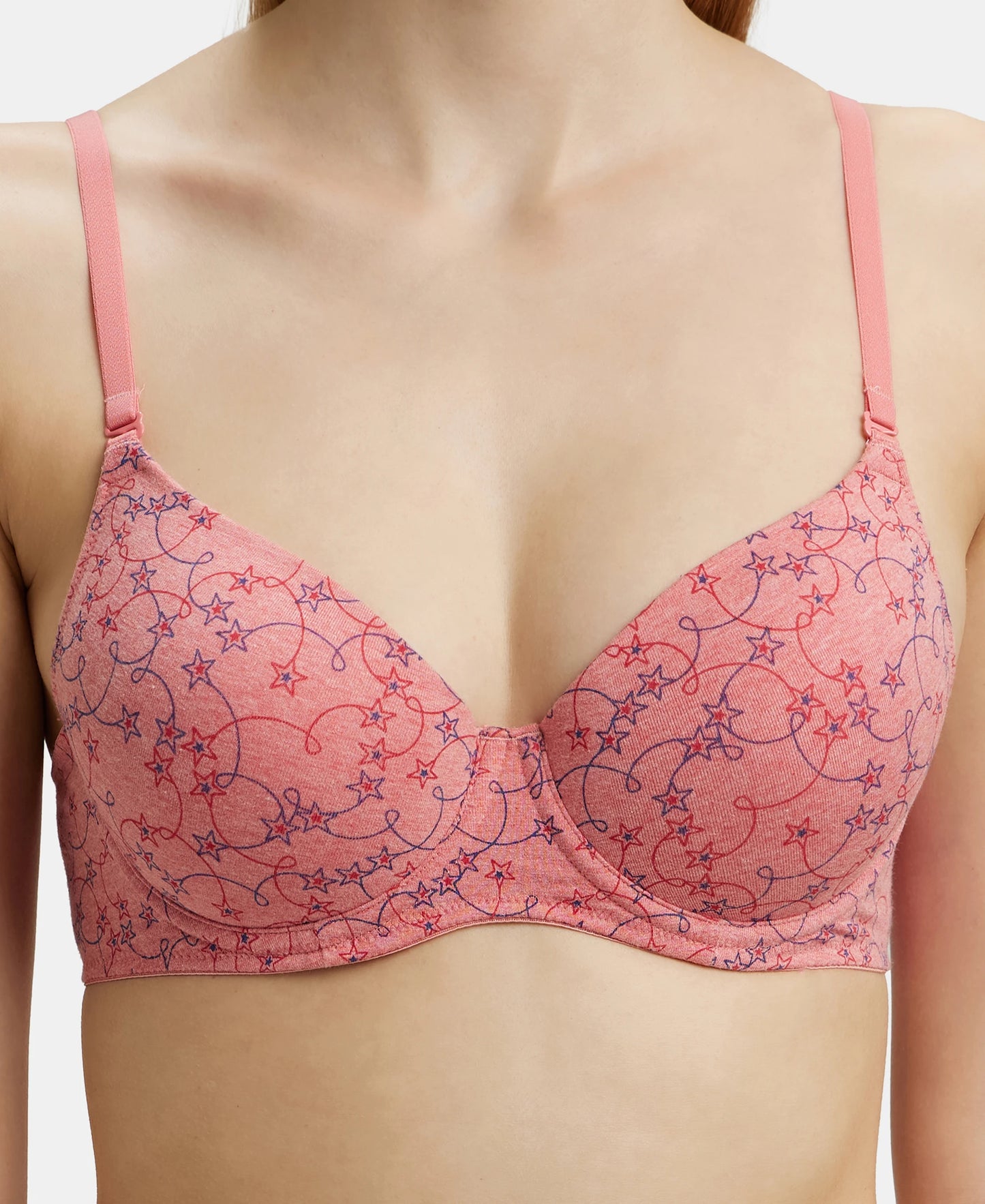 Under-Wired Padded Super Combed Cotton Elastane Medium Coverage Printed T-Shirt Bra with Detachable Straps - Passion Red Melange-7