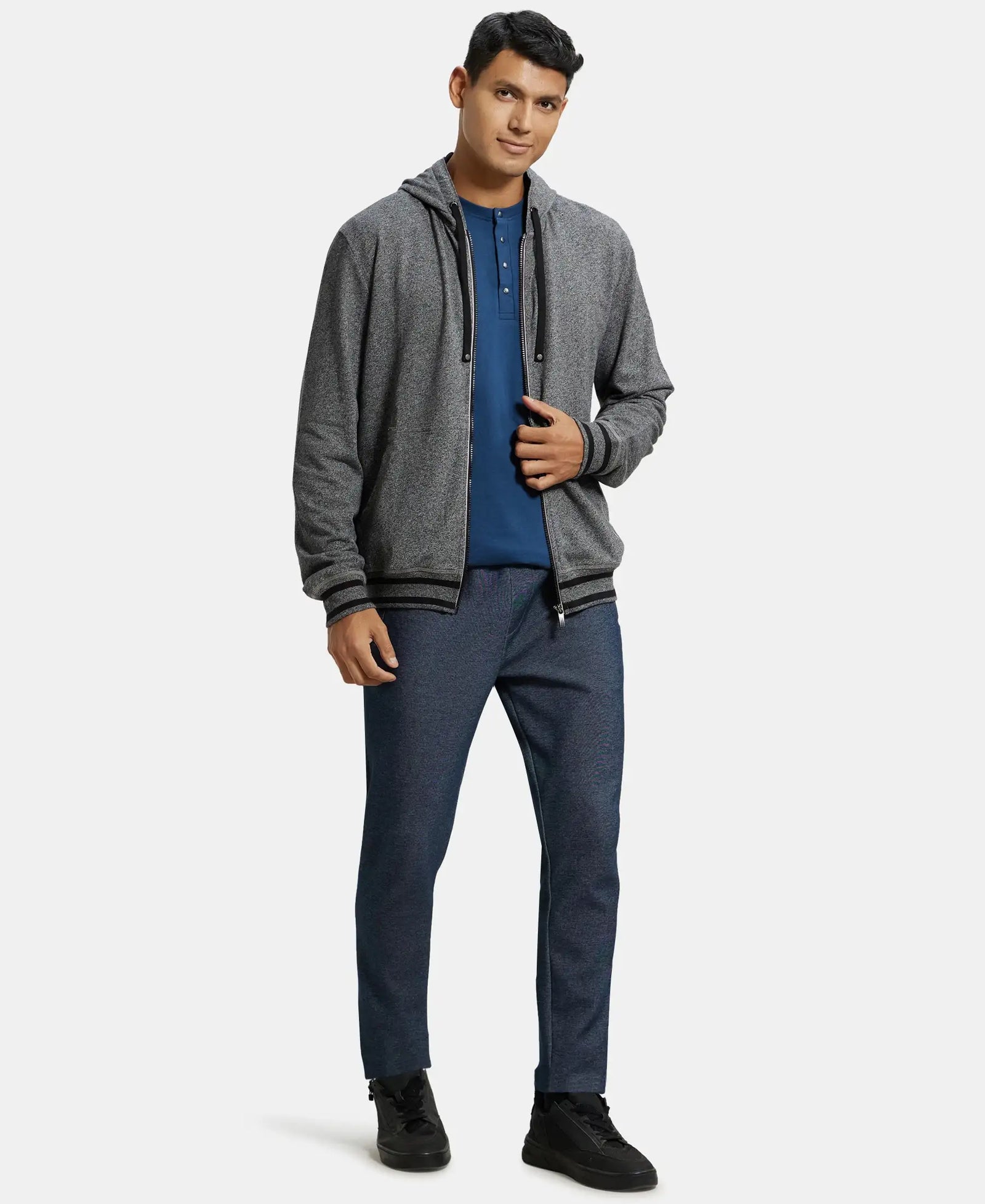 Super Combed Cotton French Terry Hoodie Jacket with Ribbed Cuffs - Black Grindle-4