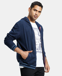 Super Combed Cotton French Terry Hoodie Jacket with Ribbed Cuffs - Navy-2