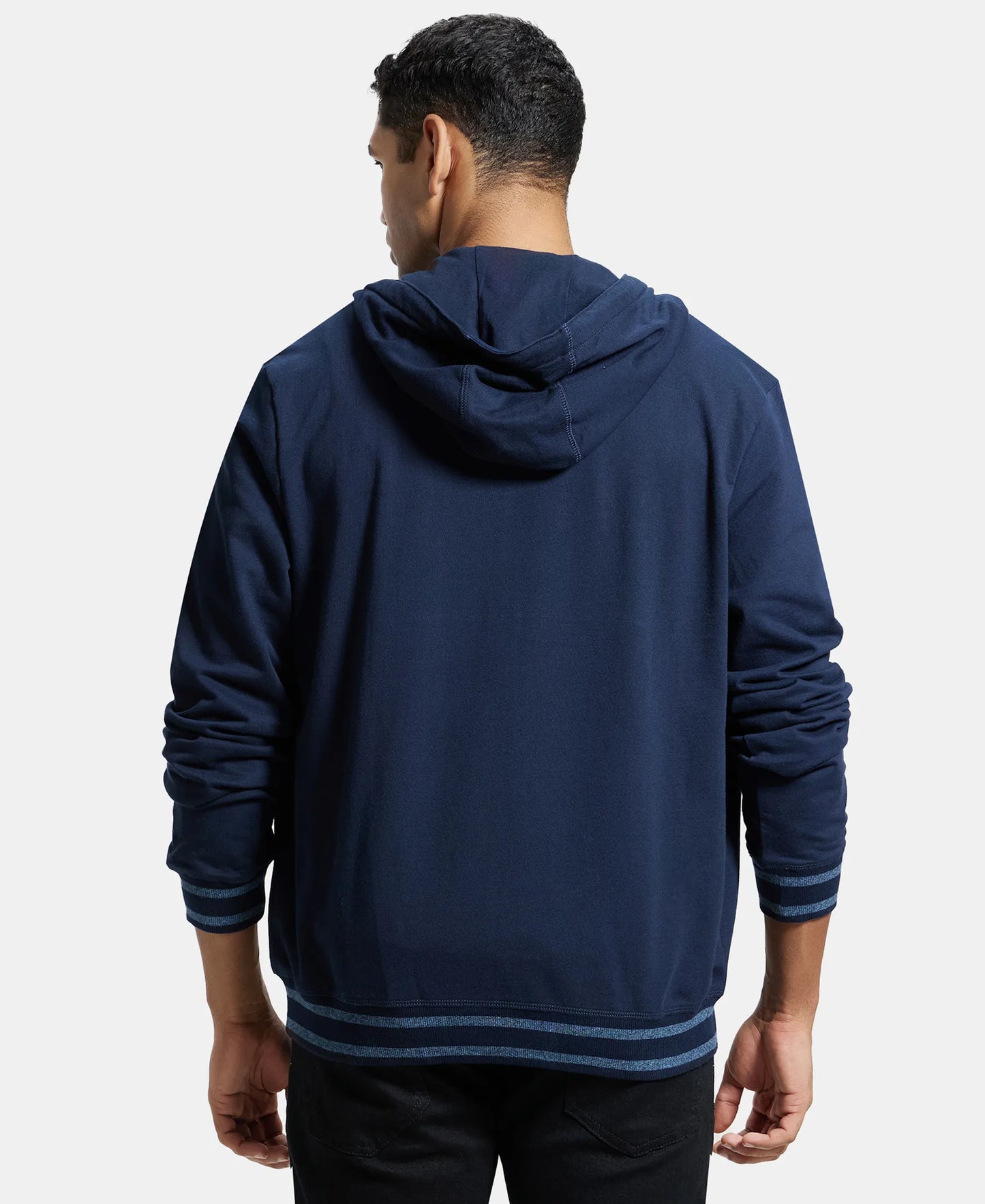 Super Combed Cotton French Terry Hoodie Jacket with Ribbed Cuffs - Navy-3