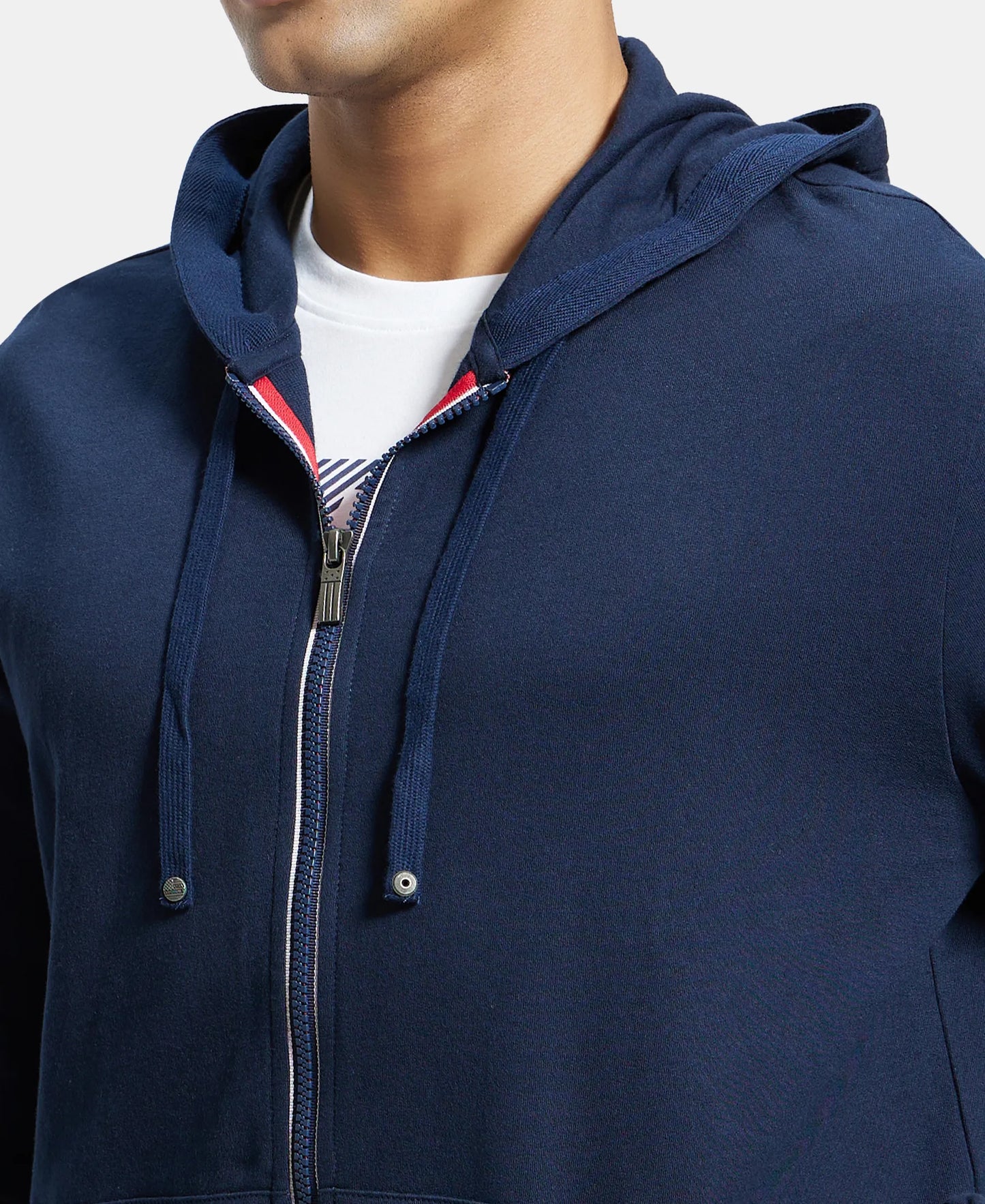 Super Combed Cotton French Terry Hoodie Jacket with Ribbed Cuffs - Navy-7