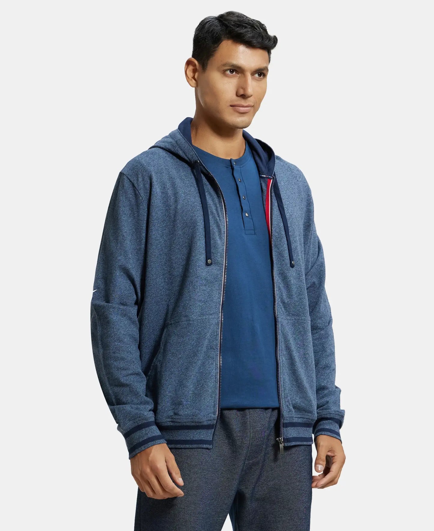 Super Combed Cotton French Terry Hoodie Jacket with Ribbed Cuffs - Navy Grindle-2