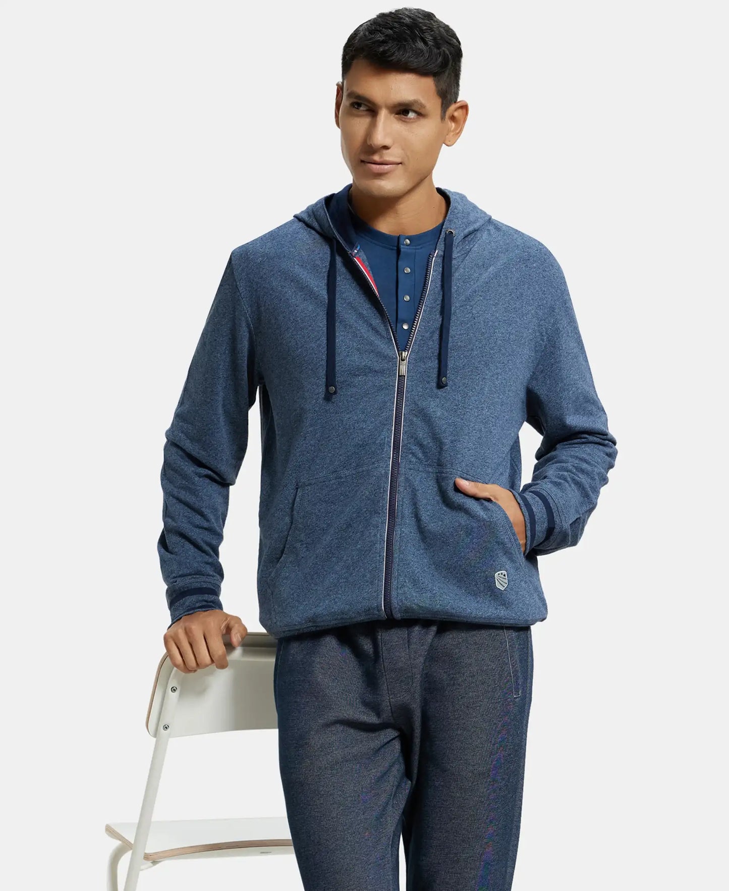 Super Combed Cotton French Terry Hoodie Jacket with Ribbed Cuffs - Navy Grindle-5