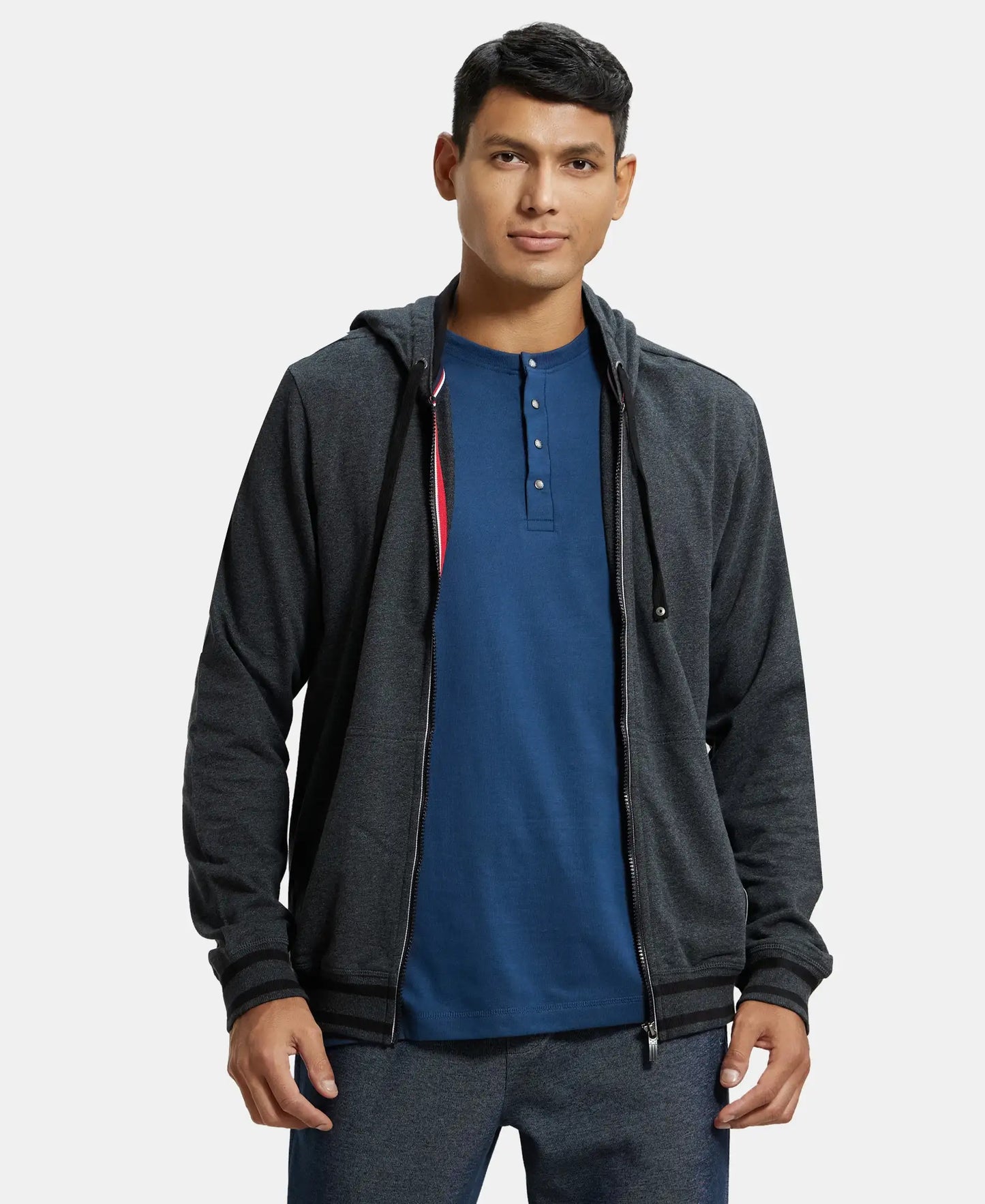 Super Combed Cotton French Terry Hoodie Jacket with Ribbed Cuffs - True Black Melange-1