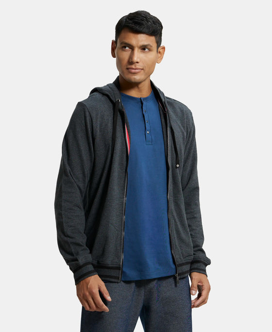 Super Combed Cotton French Terry Hoodie Jacket with Ribbed Cuffs - True Black Melange-2