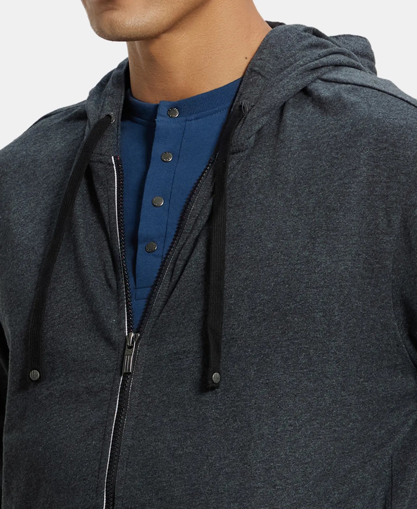 Super Combed Cotton French Terry Hoodie Jacket with Ribbed Cuffs - True Black Melange-7