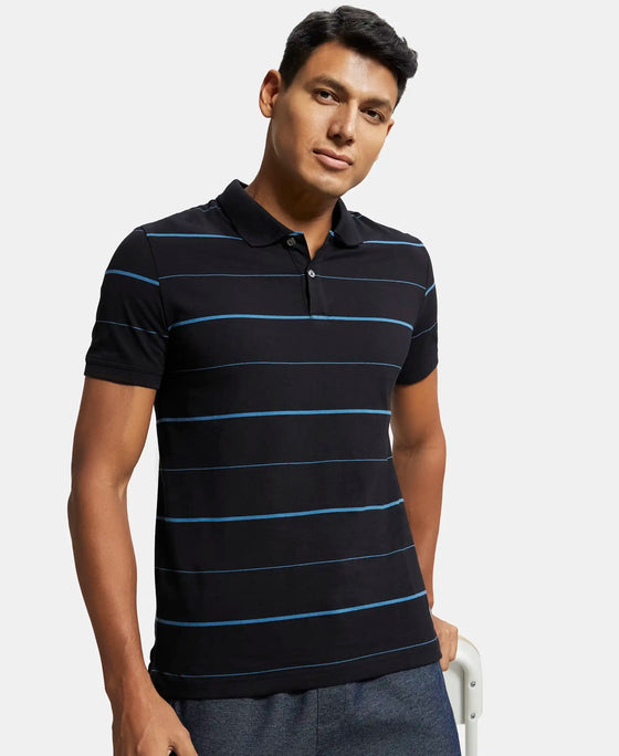 Super Combed Cotton Rich Striped Half Sleeve Polo T-Shirt - Black & Stellar-5