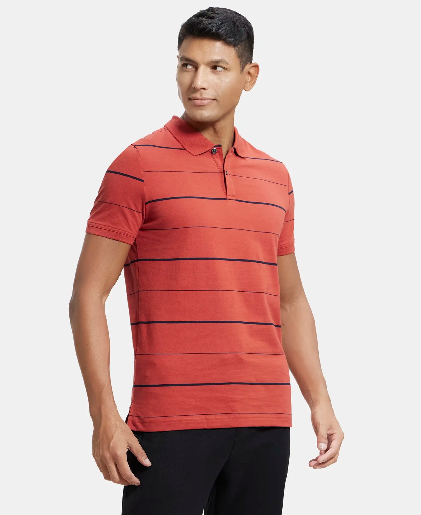 Super Combed Cotton Rich Striped Half Sleeve Polo T-Shirt - Cinnabar/Navy-2