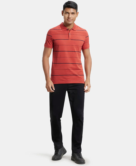 Super Combed Cotton Rich Striped Half Sleeve Polo T-Shirt - Cinnabar/Navy-4