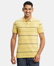 Super Combed Cotton Rich Striped Half Sleeve Polo T-Shirt - Corn silk & Night Sky ground-1