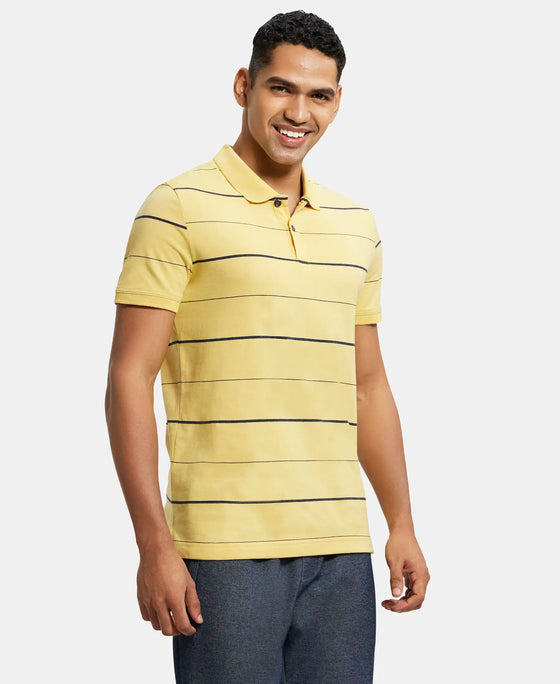 Super Combed Cotton Rich Striped Half Sleeve Polo T-Shirt - Corn silk & Night Sky ground-2