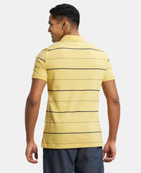 Super Combed Cotton Rich Striped Half Sleeve Polo T-Shirt - Corn silk & Night Sky ground-3