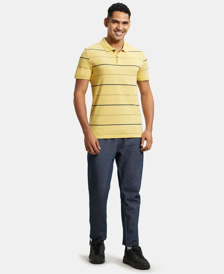 Super Combed Cotton Rich Striped Half Sleeve Polo T-Shirt - Corn silk & Night Sky ground-4