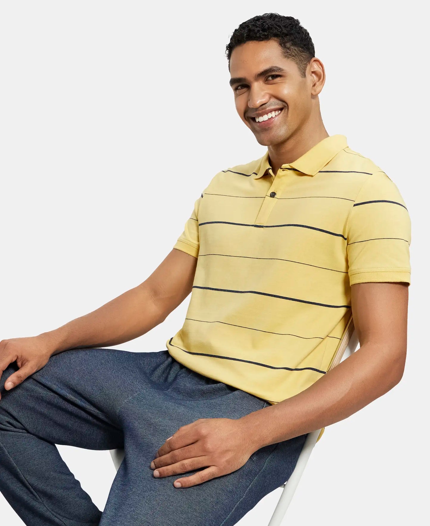 Super Combed Cotton Rich Striped Half Sleeve Polo T-Shirt - Corn silk & Night Sky ground-5