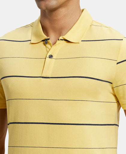 Super Combed Cotton Rich Striped Half Sleeve Polo T-Shirt - Corn silk & Night Sky ground-6