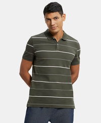 Super Combed Cotton Rich Striped Half Sleeve Polo T-Shirt - Deep Olive/Ecru-1