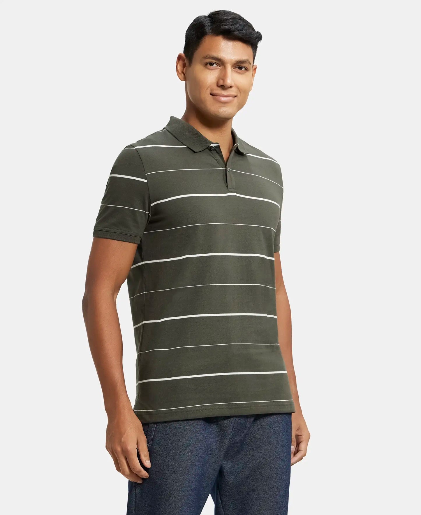 Super Combed Cotton Rich Striped Half Sleeve Polo T-Shirt - Deep Olive/Ecru-2