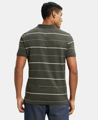 Super Combed Cotton Rich Striped Half Sleeve Polo T-Shirt - Deep Olive/Ecru-3