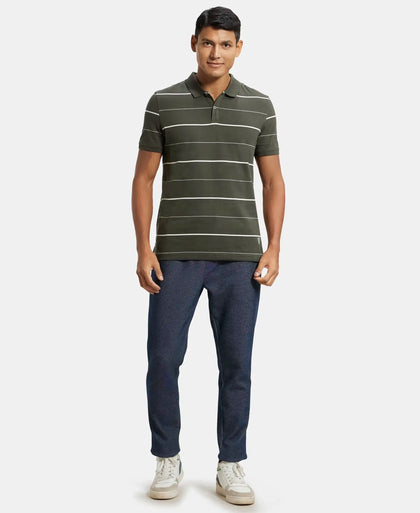 Super Combed Cotton Rich Striped Half Sleeve Polo T-Shirt - Deep Olive/Ecru-4