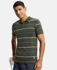 Super Combed Cotton Rich Striped Half Sleeve Polo T-Shirt - Deep Olive/Ecru-5
