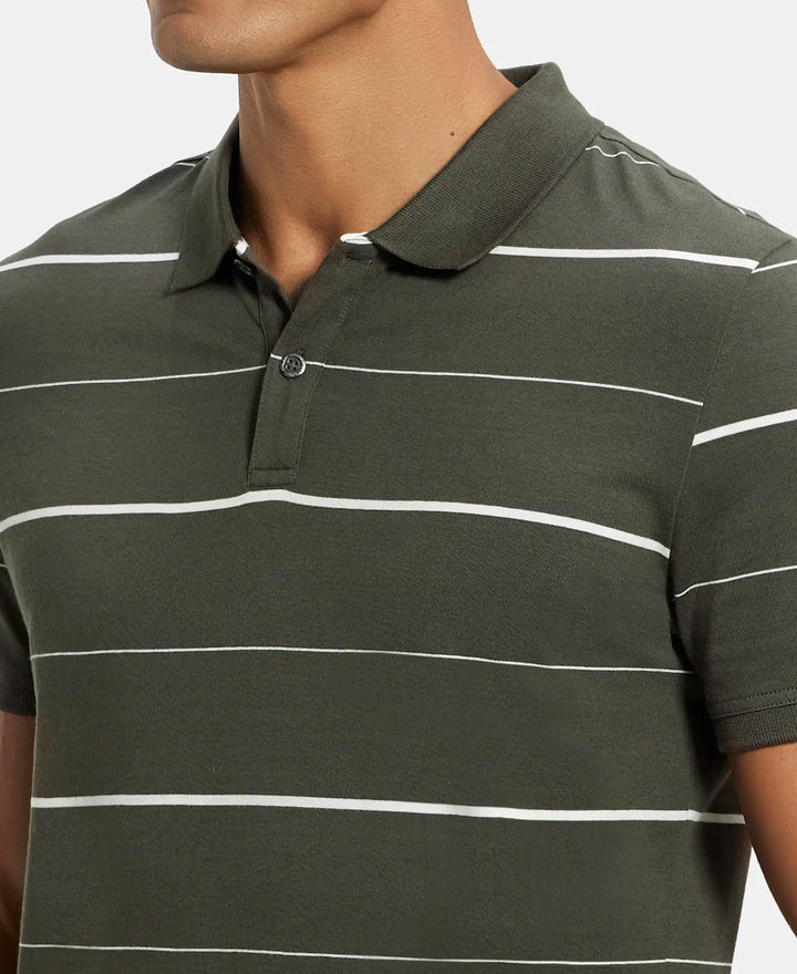 Super Combed Cotton Rich Striped Half Sleeve Polo T-Shirt - Deep Olive/Ecru-6