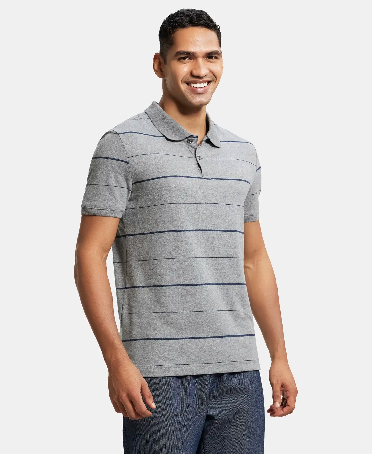 Super Combed Cotton Rich Striped Half Sleeve Polo T-Shirt - Mid grey melange & Night Sky ground-2