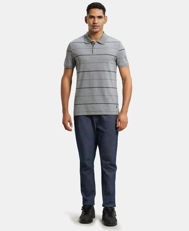 Super Combed Cotton Rich Striped Half Sleeve Polo T-Shirt - Mid grey melange & Night Sky ground-4