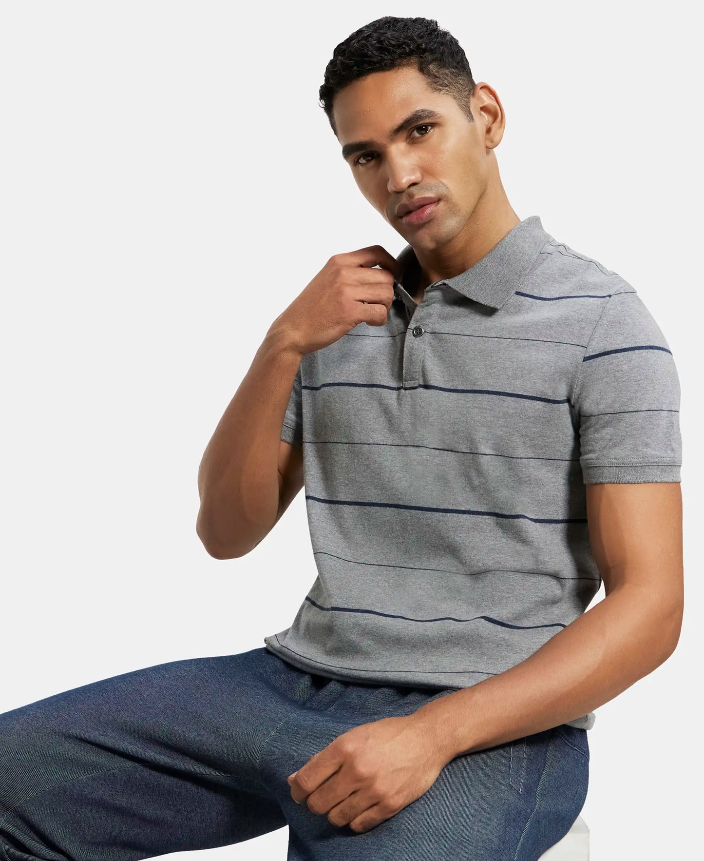 Super Combed Cotton Rich Striped Half Sleeve Polo T-Shirt - Mid grey melange & Night Sky ground-5