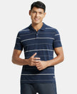 Super Combed Cotton Rich Striped Half Sleeve Polo T-Shirt - Night Sky ground & Ecru-1