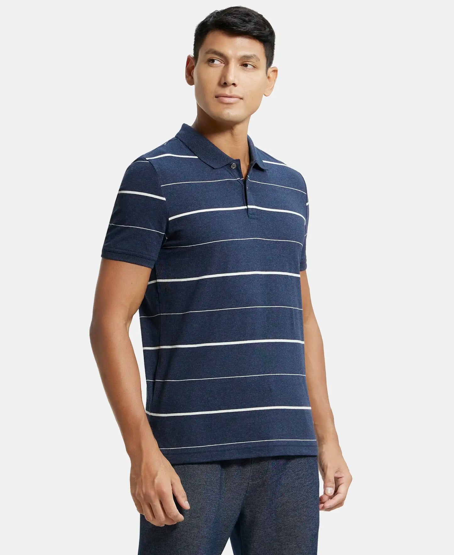 Super Combed Cotton Rich Striped Half Sleeve Polo T-Shirt - Night Sky ground & Ecru-2