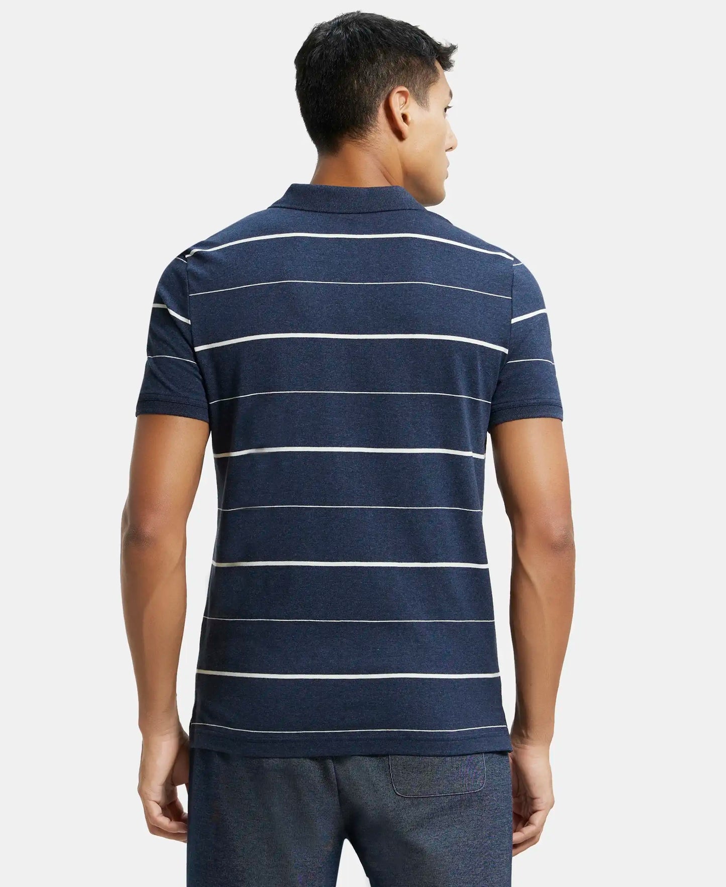 Super Combed Cotton Rich Striped Half Sleeve Polo T-Shirt - Night Sky ground & Ecru-3