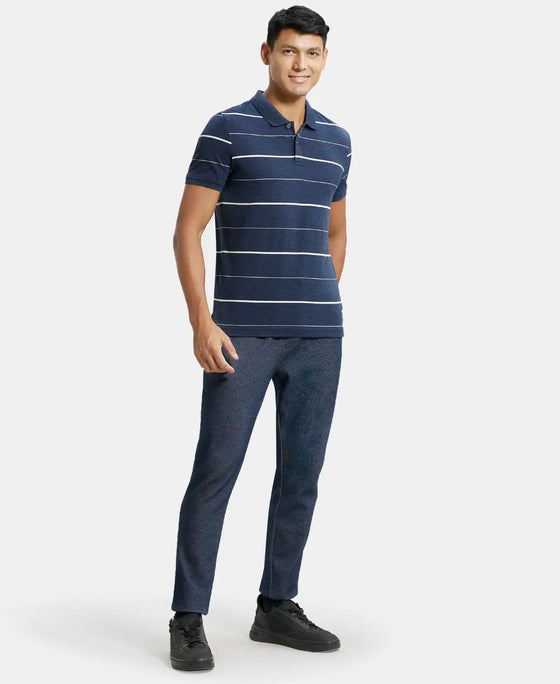 Super Combed Cotton Rich Striped Half Sleeve Polo T-Shirt - Night Sky ground & Ecru-4