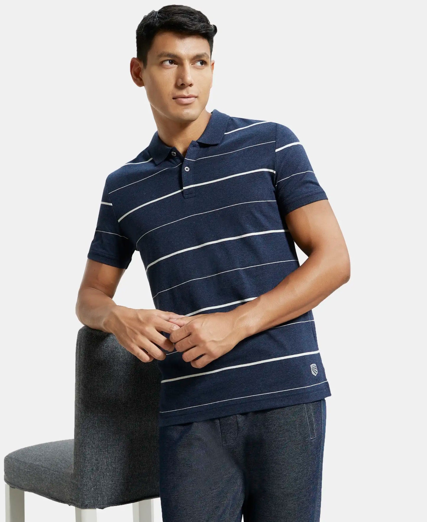 Super Combed Cotton Rich Striped Half Sleeve Polo T-Shirt - Night Sky ground & Ecru-5