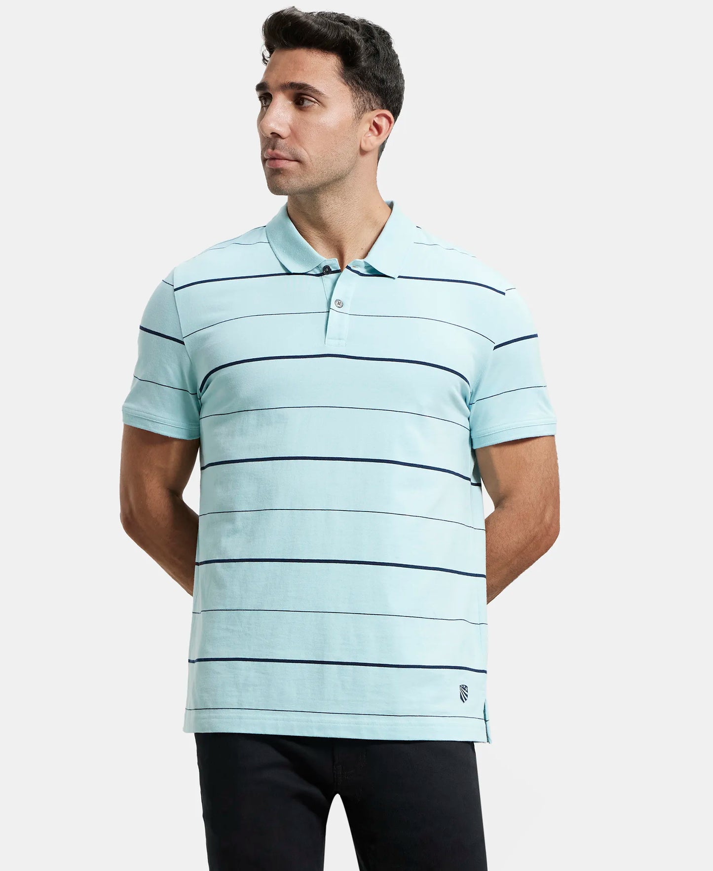Super Combed Cotton Rich Striped Half Sleeve Polo T-Shirt - Sea Angel - Navy-1