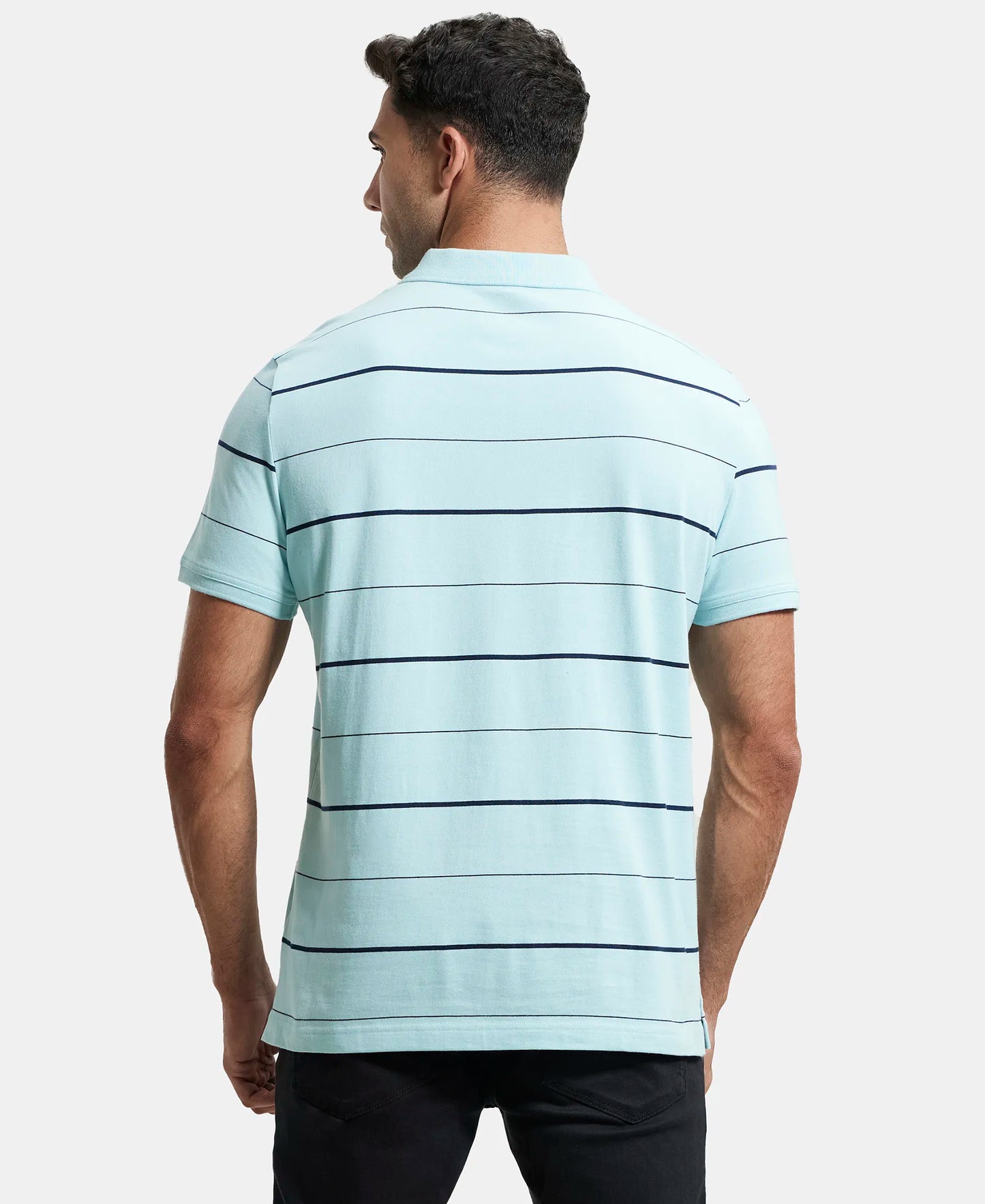 Super Combed Cotton Rich Striped Half Sleeve Polo T-Shirt - Sea Angel - Navy-3