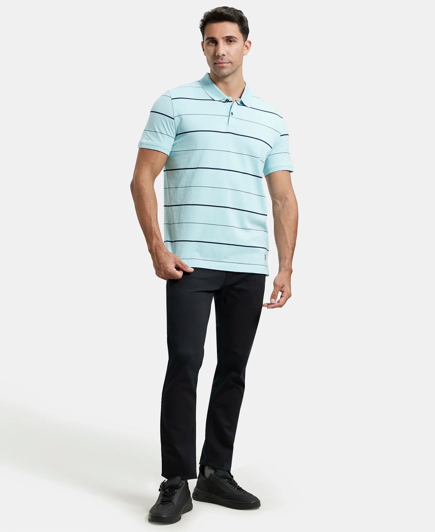 Super Combed Cotton Rich Striped Half Sleeve Polo T-Shirt - Sea Angel - Navy-4