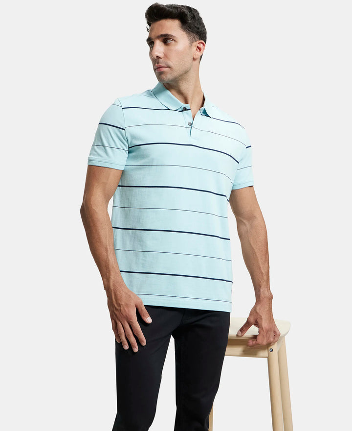 Super Combed Cotton Rich Striped Half Sleeve Polo T-Shirt - Sea Angel - Navy-5