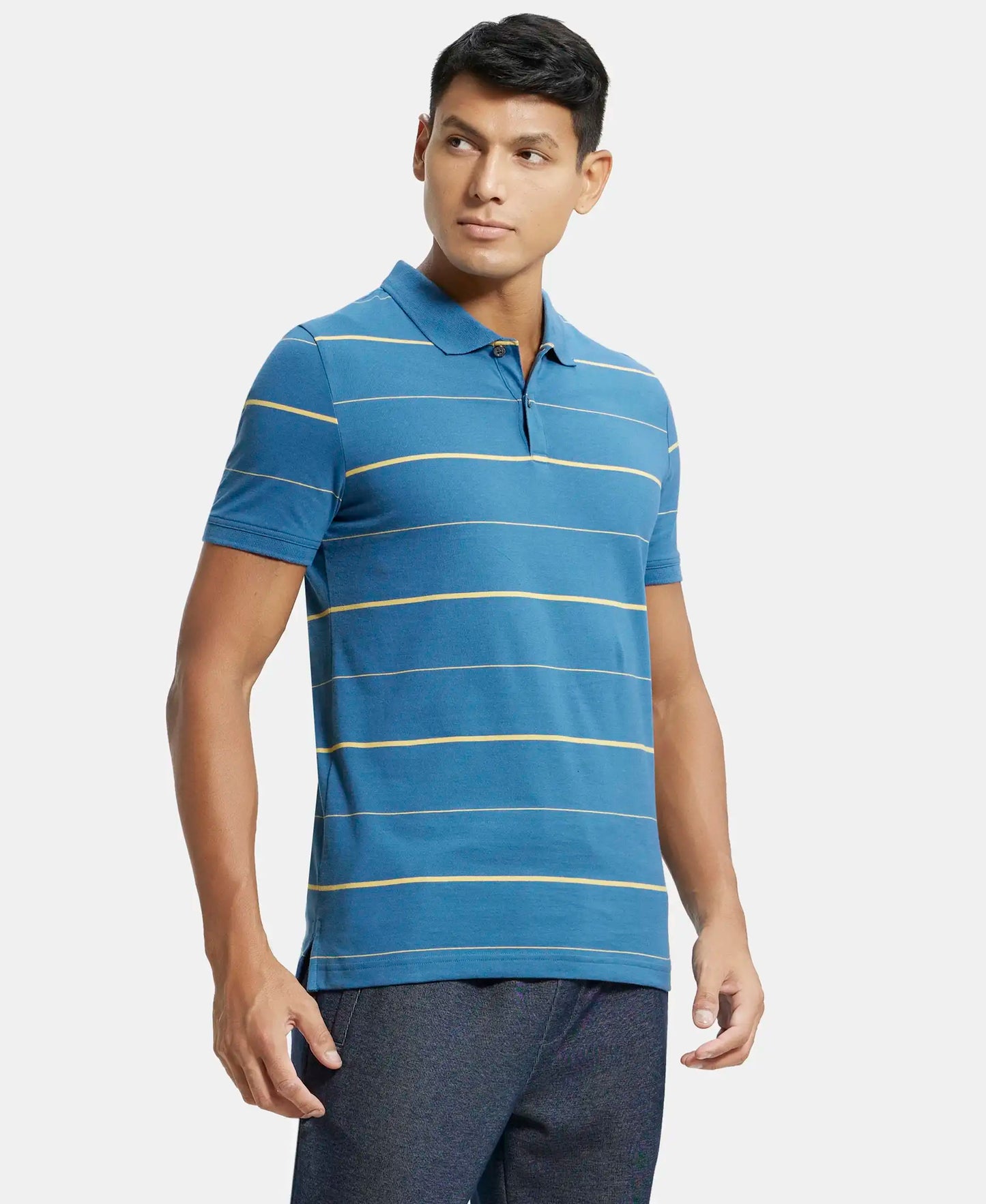 Super Combed Cotton Rich Striped Half Sleeve Polo T-Shirt - Stellar/Corn Silk-2
