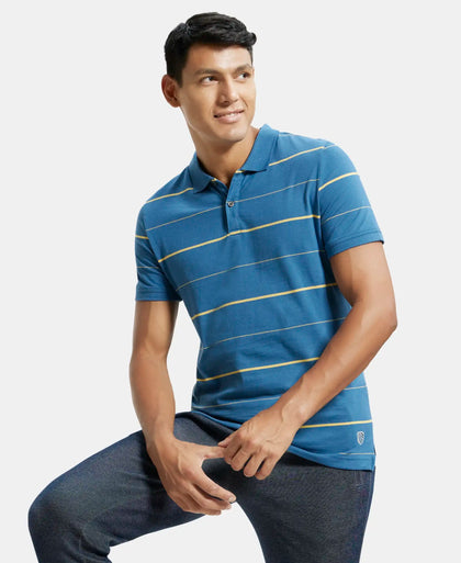 Super Combed Cotton Rich Striped Half Sleeve Polo T-Shirt - Stellar/Corn Silk-5