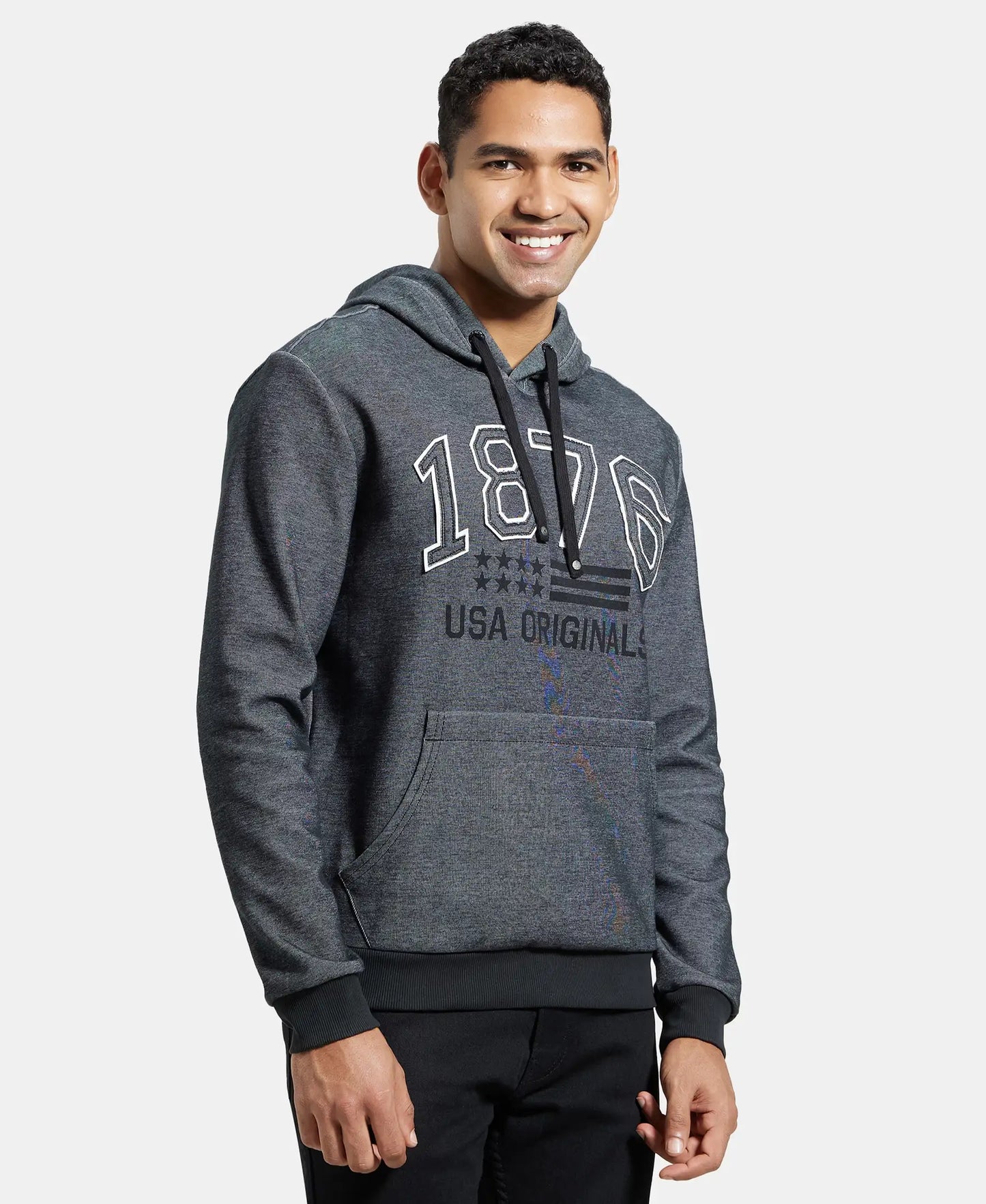 Super Combed Cotton Rich Hoodie Sweatshirt with Ribbed Cuffs - Black-2