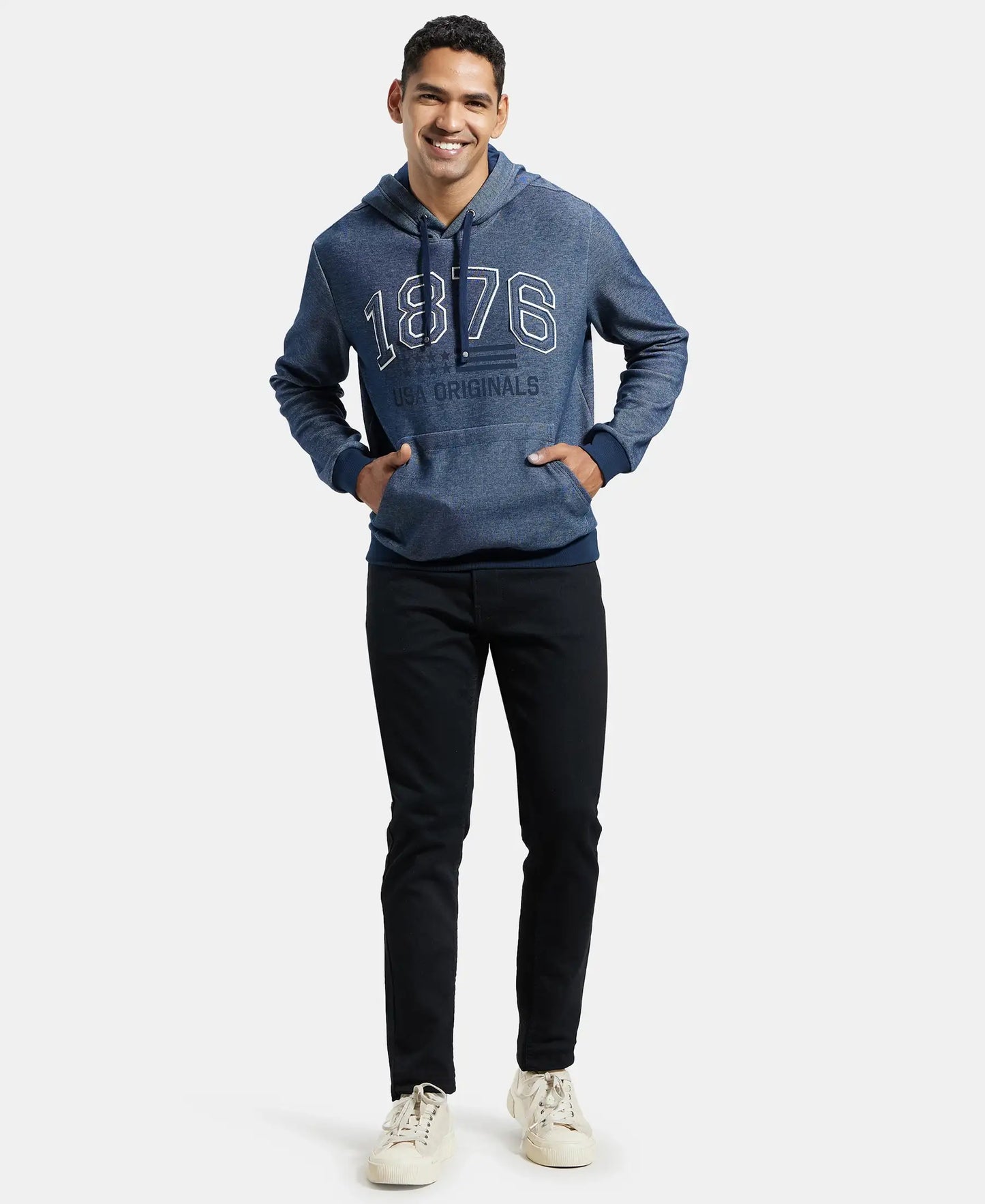 Super Combed Cotton Rich Hoodie Sweatshirt with Ribbed Cuffs - Navy-4