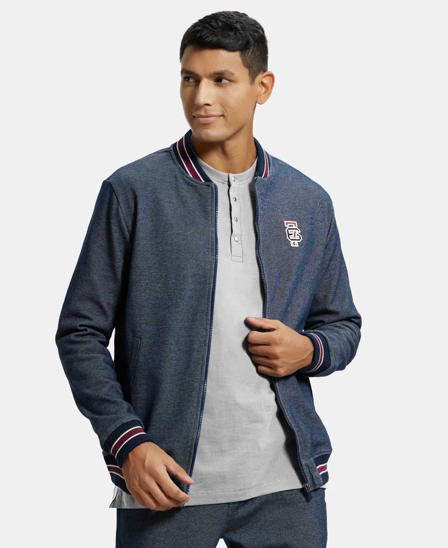 Super Combed Cotton Rich Jacket with Ribbed Cuffs - Navy-1