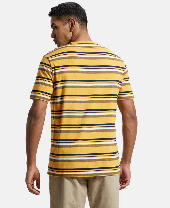 Super Combed Cotton Rich Striped Round Neck Half Sleeve T-Shirt - Burnt Gold - Navy - White-3