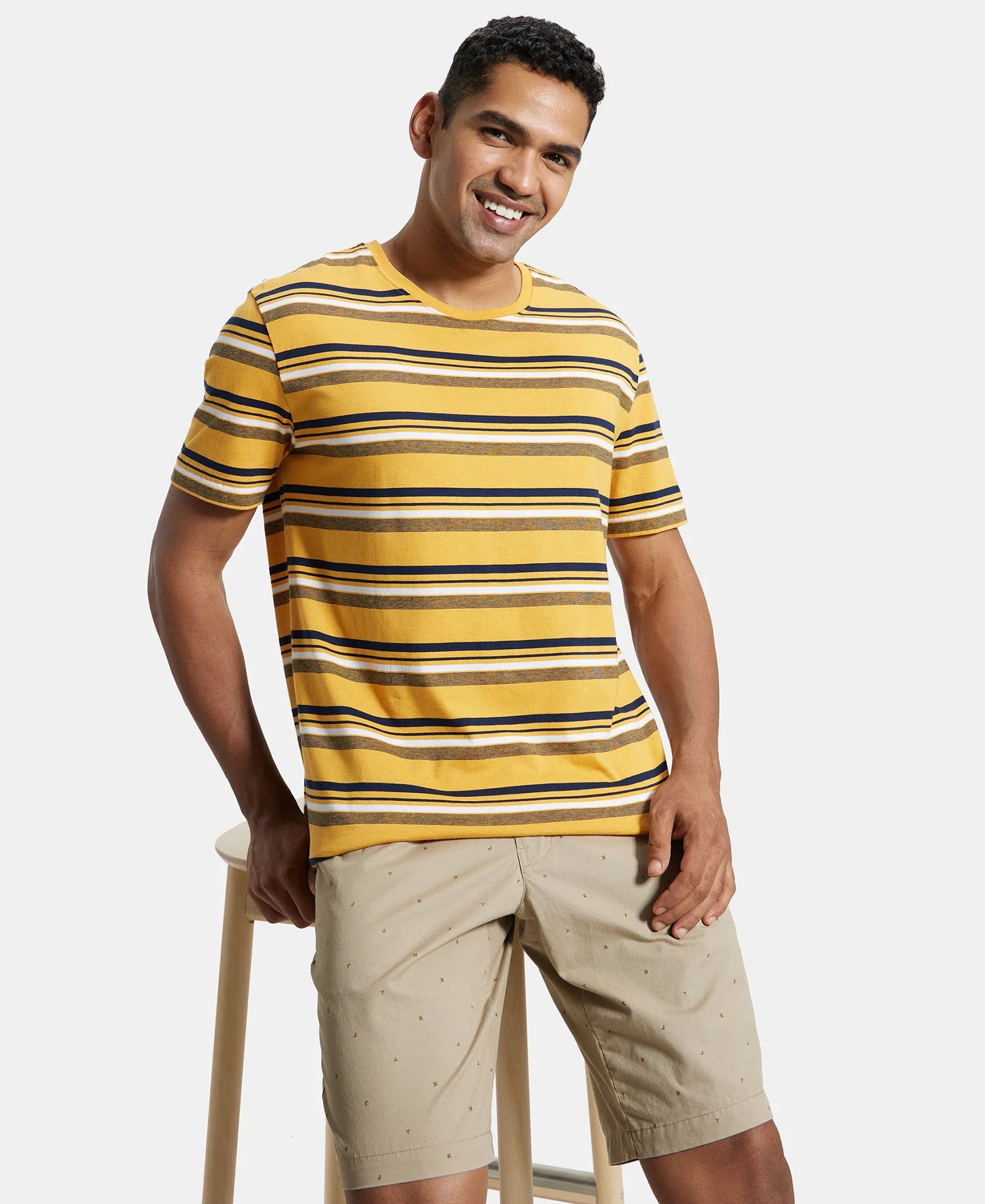 Super Combed Cotton Rich Striped Round Neck Half Sleeve T-Shirt - Burnt Gold - Navy - White-6
