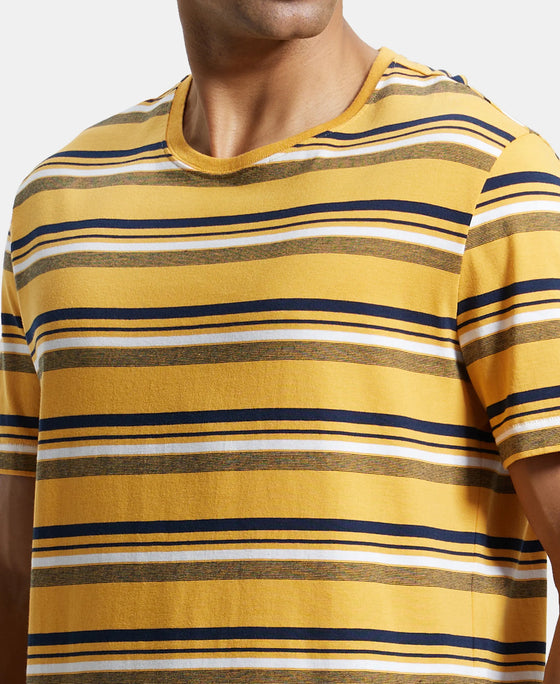 Super Combed Cotton Rich Striped Round Neck Half Sleeve T-Shirt - Burnt Gold - Navy - White-7