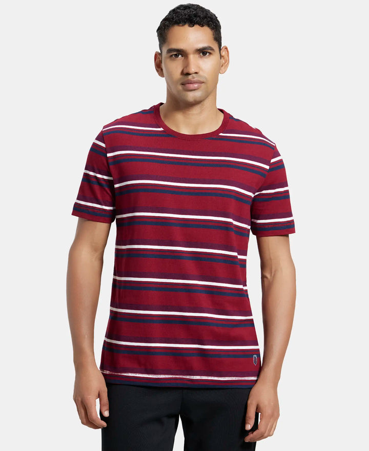 Super Combed Cotton Rich Striped Round Neck Half Sleeve T-Shirt - Deep Red & Navy-1