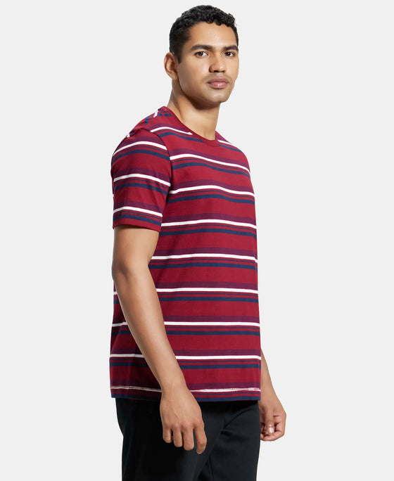 Super Combed Cotton Rich Striped Round Neck Half Sleeve T-Shirt - Deep Red & Navy-2