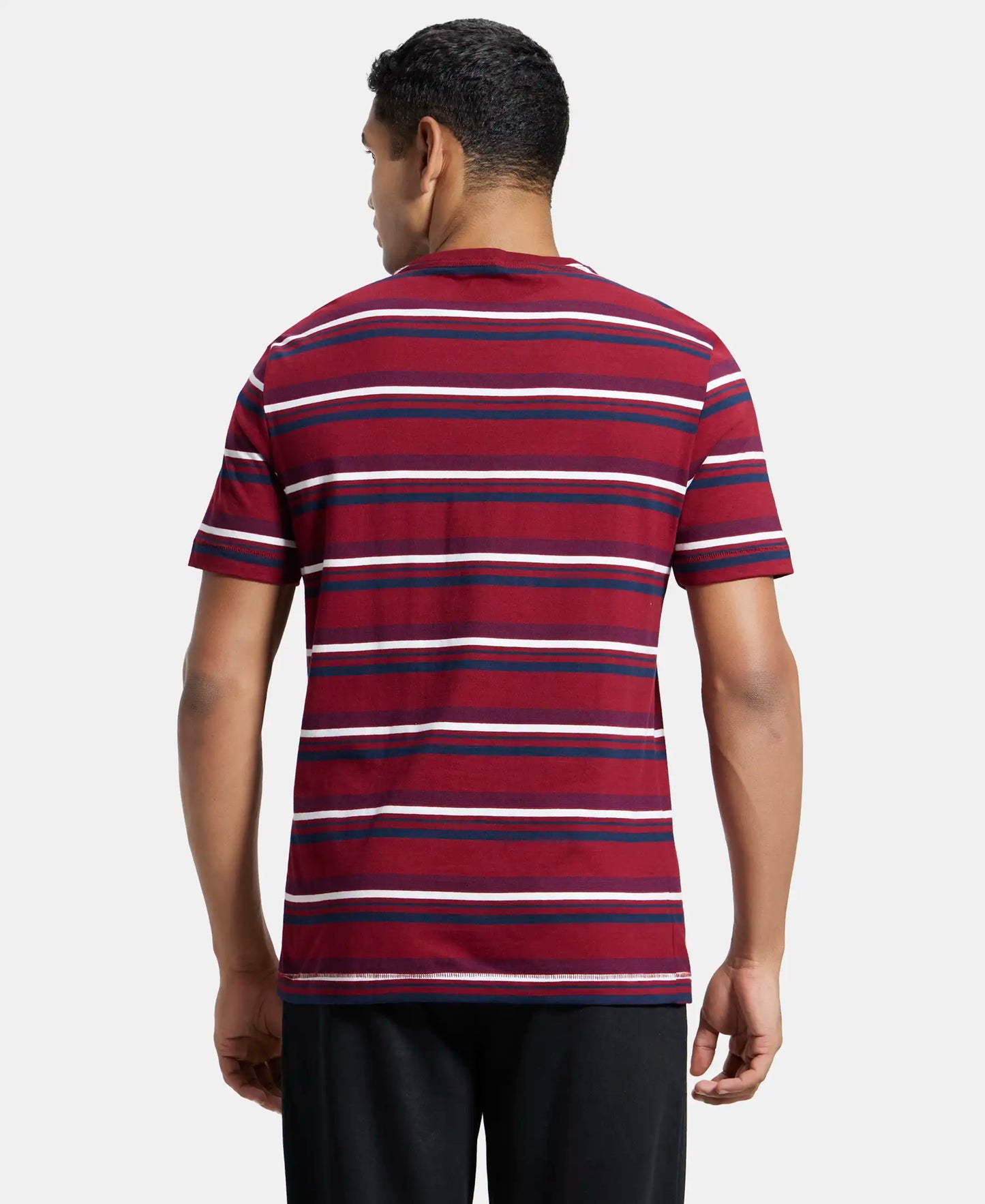 Super Combed Cotton Rich Striped Round Neck Half Sleeve T-Shirt - Deep Red & Navy-3