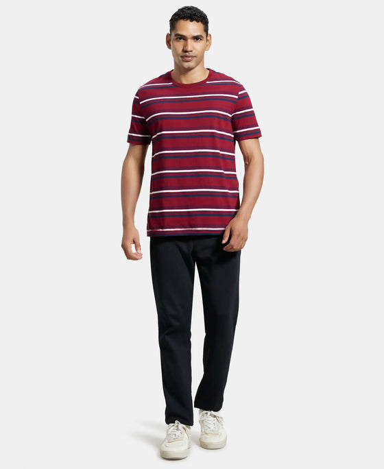 Super Combed Cotton Rich Striped Round Neck Half Sleeve T-Shirt - Deep Red & Navy-4
