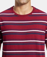 Super Combed Cotton Rich Striped Round Neck Half Sleeve T-Shirt - Deep Red & Navy-6